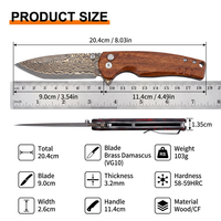 Couteau pliant original en laiton Damas, couteau de poche utilitaire haute dureté, manche en bois/fibre de carbone, couteaux de camping et de chasse DM033