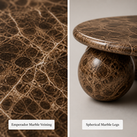 Table basse ronde de luxe sur mesure en marbre Emperador marron avec pieds sphériques, dessin CAO verni, VIP.