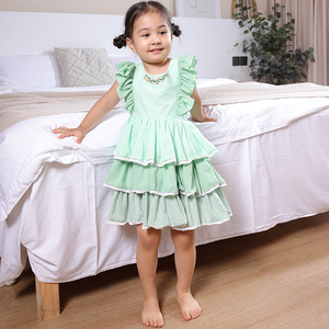 Robes de princesse pour enfants en coton respirant et écologique, style campagnard <span class=keywords><strong>chic</strong></span>, vente en gros ODM - Nouveauté été, manches volantées vertes - Product Image 1