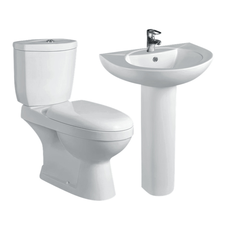 Offre Spéciale pas cher sanitaire suite blanc piédestal bassin deux pièces toilettes cuvette ensemble de toilette en céramique