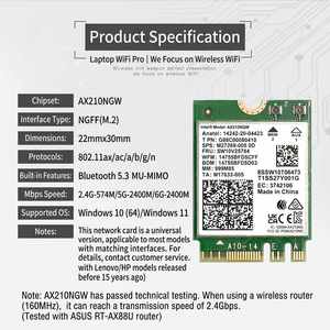 Carte réseau sans fil <span class=keywords><strong>Intel</strong></span> <span class=keywords><strong>AX210NGW</strong></span> 802.11ax BT5.3 Tri Band 2.4G 5G 6G 5400M NGFF M.2 WiFi Module WiFi6e - Product Image 6