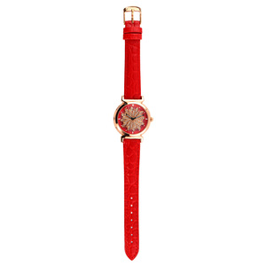 Good Fortune Women's Quartz Watch Red Leather Band Rose Gold Case Diamond Flower Dial Analog 30M Waterproof - Product Image 4
