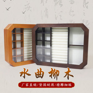 Caja de joyería octogonal de madera con tapa de cristal y compartimentos para anillos, pulseras, almacenamiento de escritorio, madera de fresno, color nogal - Product Image 1