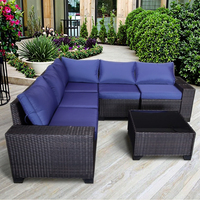 Juego de Sofás Seccionales de Acero Económico de 6 Piezas con Reposabrazos Anchos, Juego de Sofás de Esquina de Ratán para Patio y Jardín con Mesa de Centro