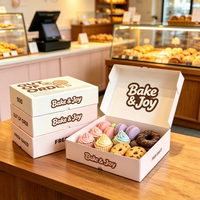 Boîte à gâteaux, beignets, pâtisseries et biscuits personnalisée avec logo, couvercle rabattable biodégradable, revêtement UV, laminage mat, carton ondulé rose
