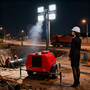 Tour d'éclairage solaire diesel montée sur remorque avec indice de protection IP65 et autonomie de 22 heures pour l'éclairage des chantiers de construction - Product Image 2