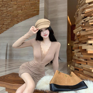 Lace Trimmed V Neck Long Sleeve Dress Brown Tight Waist Pleated Party Casual Dress For Women - Product Image 1