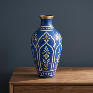 Vase de sol artisanal en bois de manguier tourné bleu, style Zouaq traditionnel de Marrakech, écologique, vente en gros Inde - Product Image 2