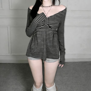 T-shirt à manches longues pour femme, col en V, à nœud papillon, patchwork à blocs de couleurs, style Y2K, décontracté, coupe trapèze - Product Image 6