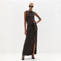 Robe longue de soirée en satin sans manches pour femme, col bateau, avec nœud à nouer sur le côté et fente haute, vente en gros