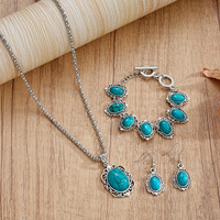 Ensemble 3 Pièces Collier, Bracelet et Boucles d'Oreilles Turquoise Style Bohème Vintage pour Femme - Vente en Gros