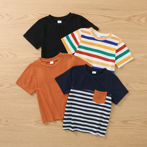 เสื้อยืดแขนสั้นเด็กผู้ชาย 4 ชิ้น คอกลม ลายทาง สีพื้น เสื้อถักลำลองสำหรับใส่ในฤดูใบไม้ผลิและฤดูร้อน - Product Image 2