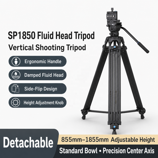 SP1850 Video Tripod with Fluid Head, Vertical Shooting Camera Tripod, Adjustable Height for Canon Nikon DSLR Camcorder