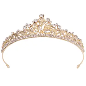 Korea pengantin kecil 24K mahkota emas dan Tiara tebal perak berlian imitasi Daun pernikahan Tiara mahkota Barok penuh lingkaran mahkota Tiara