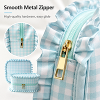 Trousse de Maquillage de Voyage en Gingham pour Femme, Grande Capacité, Organisateur Cosmétique à Ouverture Large, Sac de Toilette à Volants avec Fermeture Éclair Dorée