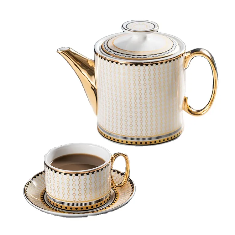 Conjunto de café de osso dourado de luxo, conjunto de copo de chá da china com bule