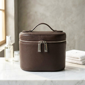 Coffee Litchi Pattern PU Leather <b>Makeup</b> Bag Cylindrical Travel Toiletry Case Large Capacity <b>Vanity</b> Organizer Cosmetic Box Handle - Product Image 6