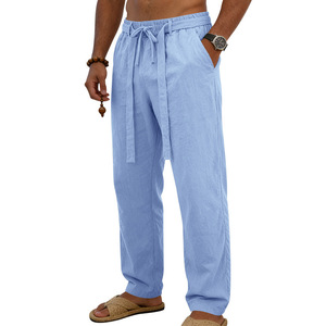 <b>Men</b> <b>Linen</b> <b>Loose</b> Fit Straight Leg Drawstring Pants Breathable Summer Casual <b>Trousers</b> - Product Image 3
