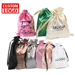 Özel Logo küçük saten toz kılıfı hediye paketleme saç peruk büyük ipek çanta saten büzgülü çanta özel saten çantalar Logo ile