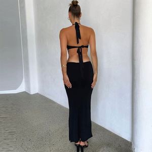 Robe dos nu pour femme, nouvelle collection été <span class=keywords><strong>2022</strong></span>, couleur unie, col licou, dentelle ajourée - Product Image 5