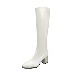 Bottes élastiques à talon épais à tête carrée européenne et américaine, fermeture éclair latérale polyvalente, genou à talon haut à tube long pour femmes - Product Image 5