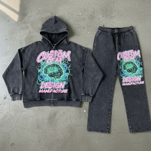 Sudadera con Capucha para Hombre, Estilo Oversize, Hombros Caídos, 400 GSM, Impresión Digital con Efecto Ácido, Personalizada OEM, Conjunto de Dos Piezas - Product Image 1
