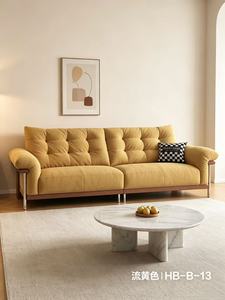 Premium Mustard Yellow Tufted Fabric 3-Seater <b>Sofa</b> With Walnut & Metal Frame For Living Room - Product Image 3