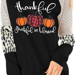Camiseta de manga larga estampada para mujer Calabaza de otoño y leopardo a rayas en algodón y poliéster Estilo superior 3D - Product Image 3