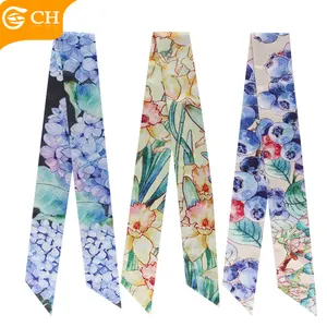 Supplier Lady Ribbon Slim Scarf Good Quality Blueberry Daffodil Printed Bevel Scarf Custom Polyester Women's Scarves For Handbag