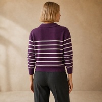 Suéter de Cuello Alto con Cierre y Rayas para Mujer, Mezcla de Lana y Cachemira, Manga Larga, Color Morado, Estilo Casual