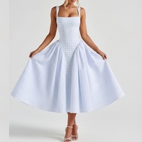 Robe plissée à carreaux pour femme, col carré, bretelles croisées au dos, style camisole, vente en gros pour boutiques