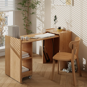 <b>Solid</b> <b>Wood</b> Nordic Folding Desk-<b>Bookcase</b> Combo; Compact Home Computer Desk Bedroom Vanity Study/Office Workstation No Assembly - Product Image 1