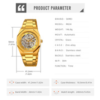 Montre analogique squelette automatique SKMEI M034, bracelet en acier inoxydable, lumineuse, étanche, pour homme d'affaires