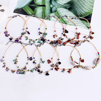 Bracelet de cheville en pierres multicolores style bohème, fait main, tressé en raphia avec coquillages et pierres