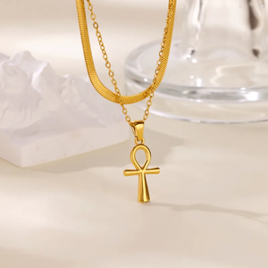 Collar de Cadena Cruzada de Doble Capa para Mujer, Acero Inoxidable 304, Chapado en Oro de 18K, Cadena de Serpiente que No se Destiñe, Joyería - Product Image 5