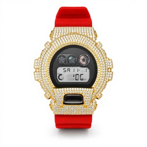 Luxury Digital <b>Watch</b> With Rhinestone Yellow Gold Case Red Silicone Band Unisex Square Dial - Product Image 1