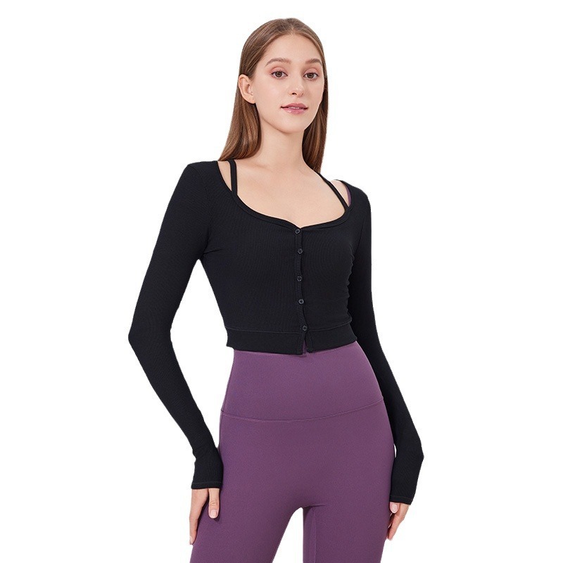 Custom Slim Fit Breathable Long Sleeve Yoga Top Button Front Stretchy Crop Top for Yoga Sessions and Casual Wear