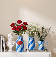 Set Vas Keramik 3D Lip Blue Light Blue Pop Art, 3 buah, Dekorasi Unik Bergaris untuk Rumah atau Kantor Modern, Hadiah Minimalis
