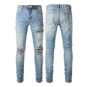 Jeans High Street cashew flower light color glitzy ripped patch slim beggar pants