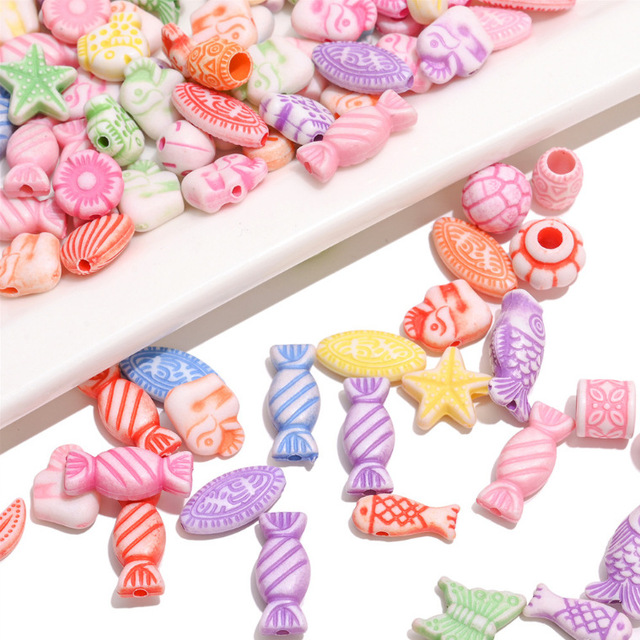 Wholesale Vintage Wash Painted Marine Animal Plant Acrylic Spacer Loose Beads Mixed Fish Flower for DIY Bracelet Necklaces