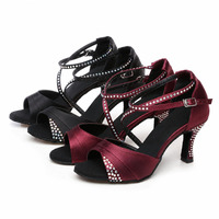 Zapatos de Baile Latino para Mujer, Zapatos de Baile Irlandés de Satén, con Pedrería, Punta Abierta, Tacón Trompeta, para Salón de Baile, Salsa, Tango, Suela de Gamuza