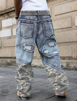 Custom Men Jeans Baggy Wide Leg Camo Patchwork Distressed Ripped Y2K Streetwear Denim Pants Manufacturer