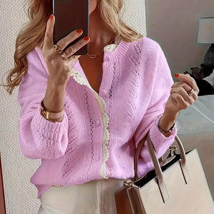 Cardigan élégant pour <span class=keywords><strong>femme</strong></span> à devant ouvert, <span class=keywords><strong>rose</strong></span> <span class=keywords><strong>pastel</strong></span> doux, léger, avec bordure en dentelle, pièce superposable semi-transparente pour le printemps/été/automne - Product Image 1