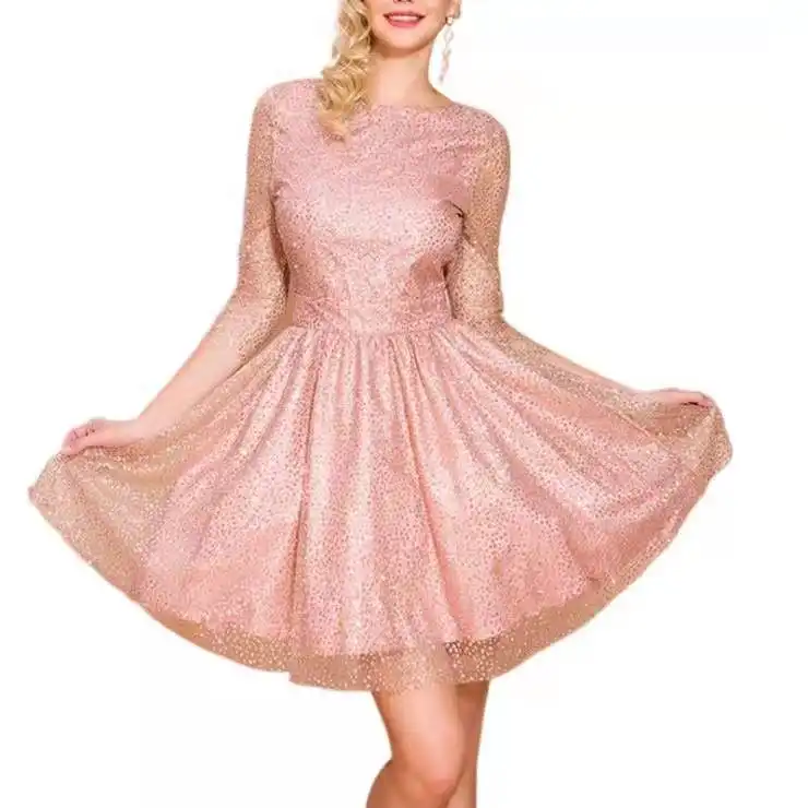 Pink Round Neck Chiffon Dress Long Sleeved New Style Women Girls Pink Prom Dresses Mini Dress