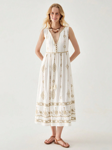 Vestidos Maxi Casuales de Manga Corta con Cuello en V, Bordados, Vintage, Personalizados, para Mujer, Color Blanco, Sexy, 100% Algodón, Tejido Natural, Cintura Natural - Product Image 4