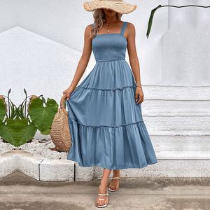Vestido Midi de Verano con Tirantes, Color Sólido, Versátil, Antiestático, Estilo Casual para Vacaciones en la Playa - Product Image 3