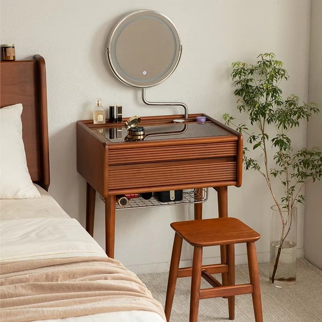 Latest Style Glass Solid Oak Wood Mirror Vanity Light with Modern European Design for Bedroom Dressing Table Drawers