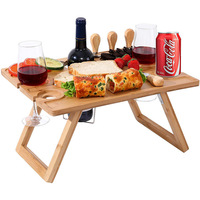 Table de pique-nique pliante en bambou, plateau de service portable pour le camping en plein air avec emplacements pour verres, table à vin pliable pour boissons et en-cas