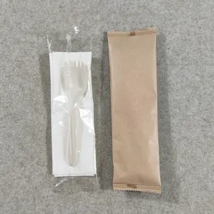 Biodegradable 6 inch Disposable Cornstarch Plastic Spork with Napkin Plastic Paper Bag Wrapped Cutlery Set