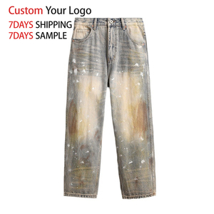 Custom Paint High Quality Weg Denim <b>Jeans</b> Pant Streetwear Vintage Distressed Wholesale Splatter Baggy Straight Fit for Men <b>Jeans</b> - Product Image 1